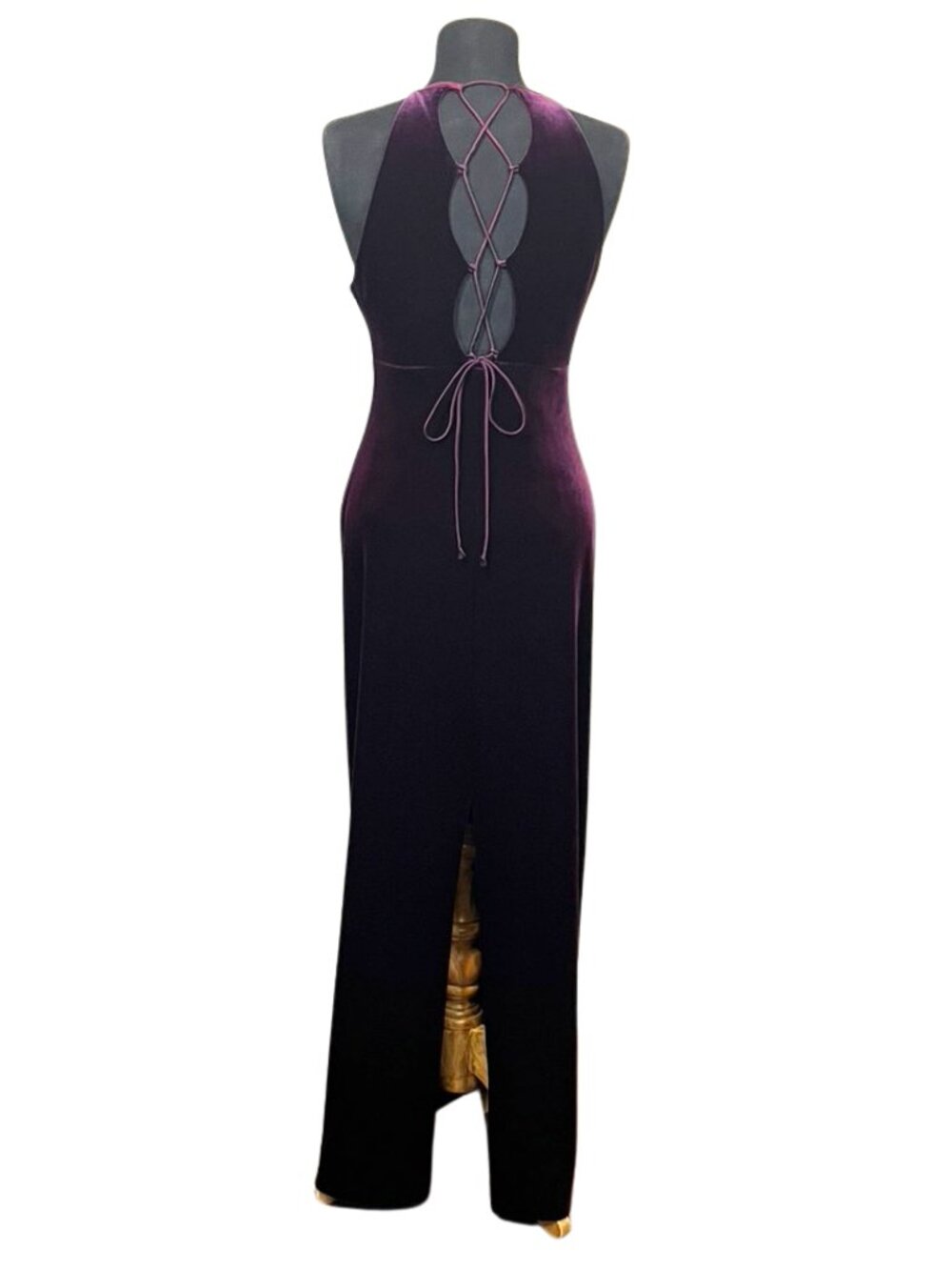Vintage 90s Niki Livas Purple Velvet Lace Up Maxi Dress 10
